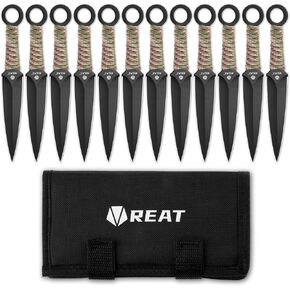 REAT Throwing Products - 12 Piece, 6.5" 440 Stainless Steel with Green Cord-Wrapped Handle, Includes Nylon Carrying Case for Safe Storage,Kunai Knives for Competition,Recreation (Black/Camouflage)