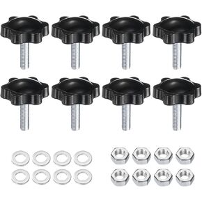 uxcell 8pcs Star Clamping Knobs with Nuts Washers, M6 x 55mm Metric Zinc Plated Carbon Steel Male Thread 32mm 6-Star Plastic Head, Threaded Stud Hand Knobs Handles Thumb Screws, Black