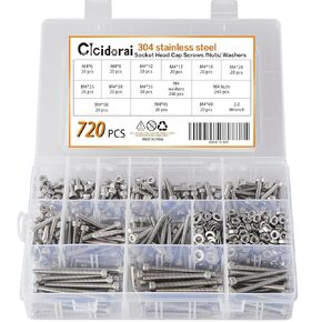 720 Pcs M4 x 6/8/10/12/16/20/25/30/35/40/45/50mm 304 Stainless Steel Hex Socket Head Cap Screws Bolts with M4 Nuts, M4 Washers and 1 Pcs Hex Key Wrenches Assortment Kit