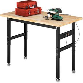 48" Adjustable Workbench, Rubber Wood Top Workbench with Power Outlet, Portable Heavy-Duty Work Bench for Garage, Workshop, Office, Home - 2000 lbs Capacity