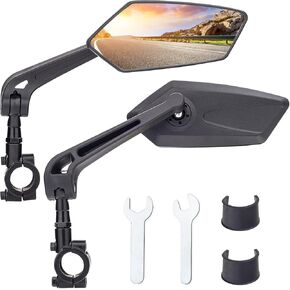 Bike Handlebar Rearview Mirror 2 Pack - Rotatable and Adjustable Wide Angle HD Safe Glass Rear View Shockproof Side Flat Mirror Universal For Bike Bicycle E-bike (BM047)