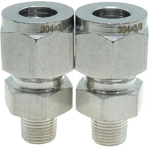 2 Pcs 3/8" Tube OD x 1/8" NPT Male Pipe Double Ferrule Compression Fitting Straight Adapter Connector 304 Stainless Steel,1000 Psi
