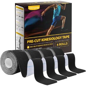 Dimora Kinesiology Tape, 80 Count Precut Strips 4 Rolls, Original Cotton, 10" Elastic Athletic Tape for Muscle Pain Relief and Joint Support, Black