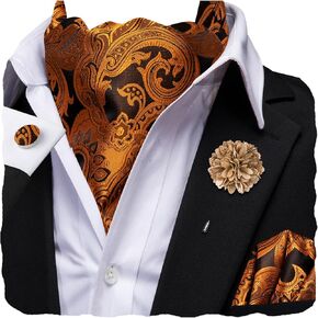 Hi-Tie Men's Cravat And Flower Lapel Pin Set Jacquard Silk Ascot Handkerchief Cufflinks For Wedding Party Daily Dress