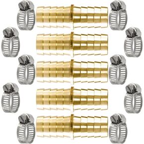 Brass Hose Barb Fitting 3/8" (10mm) Barb Splicer Mender with Stainless Steel Pipe Clamps air hose repair kit for Pipe Line/Fuel/Air (Pack of 10) (3/8'' (10mm))