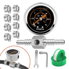 1/8" NPT Fuel Pressure Gauge, 0-15psi Fuel Pressure Gauge, 1/8" Back Mount, Glycerin Filled Fuel Pressure Gauge with 5/16"(8mm) to 3/8"(10mm) 2-Way Barbed Hose Fitting(304SS)