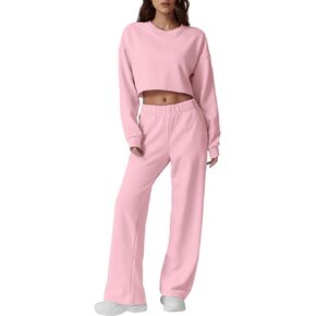 QINSEN Womens Crewneck Open Back Long Sleeve Crop Sweatsuit Elastic Waist Long Pants 2PCS Outfit Sets Loungewear
