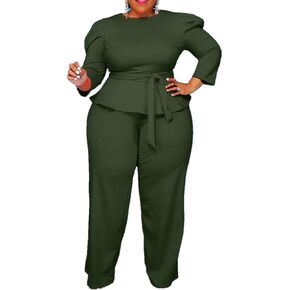 Plus Size 2 Piece Wide Leg Pants Set for Women Casual Long Sleeve Shirt Long Pant Sets Sexy With Belt