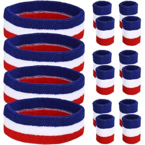 48 PCS Sweatband Wristband Set, Red White Blue Sweatband Set, 32 Wristbands and 16 Headbands, Rainbow Striped Sports Headbands Wristbands for Men Women Basketball Football Tennis Fitness