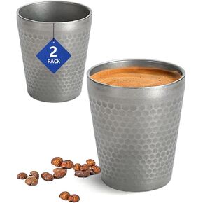 Stainless Steel Espresso Cup-2 pcs Set Double Wall Insulated Metal Demitasse Cups 6 oz (175ml) Drinking Coffee Drinking Beverages Diamond Pattern Anti-Slip&Scalding