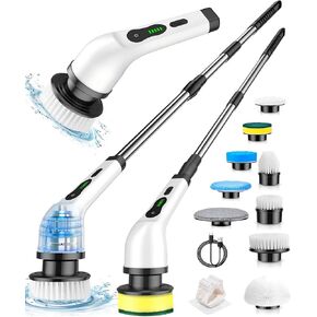 Electric Spin Scrubber, Cordless Cleaning Brush, Shower Scrubber with 9 Brush Heads 2H Power Dual Speed, Adjustable Extension Handle, IPX7 Waterproof for Tub Tile Floor Car, LX A-J1