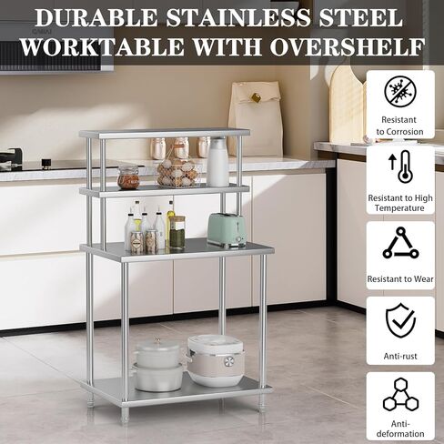 Stainless Steel Work Table with Overshelves, 30 x 24 Inch Heavy Duty Kitchen Prep Table with Adjustable Shelf for Commercial Restaurant, Warehouse, Garage in Kuwait