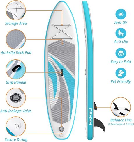 لوح التجديف القابل للنفخ من AKASO، لوح تجديف قابل للنفخ مقاس 10x30x6، لوح تجديف للبالغين باللون الرمادي in Kuwait