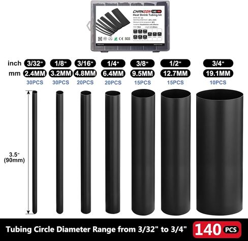 Chanzon 140 Pcs Heat Shrink Tubing Kit, 3:1 Black Sleeving Heat Shrink Wrap Tubing with Length 3.5" (inch), Marine Grade Electrical Waterproof Polyolefin Heat-Shrink Tube in Saudi Arabia