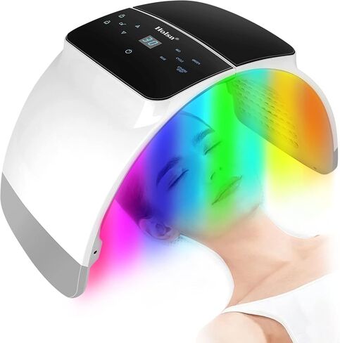 Holsn LED قناع الوجه العلاج بالضوء - 7 ألوان فوتون LED العلاج بالضوء للوجه والرقبة والجسم، قناع العلاج بالضوء الأحمر الاحترافي للوجه جهاز العلاج بالضوء المنزلي Solon Spa، الوقت المحدد مسبقًا ووضع الدورة in Kuwait