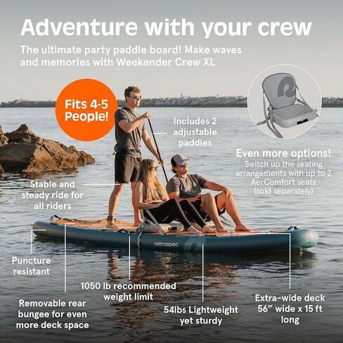 Retrospec Weekender Crew بطول 12 قدمًا وXL لوح مجداف متعدد الأشخاص من أجل 2-5 أشخاص، مقاوم للثقب ومتين، سعة 500 و1050 رطل خفيف الوزن iSUP لوح مجداف قابل للنفخ in Kuwait