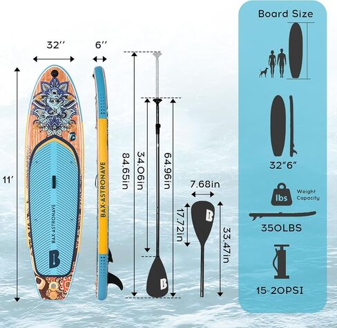 Inflatable Stand Up Paddle Board 11' x 32'' x 6'' Paddleboard with Sup Accessories Backpack, Pump, Adjustable Leash for Adults & Youth of All Skill Levels in Saudi Arabia
