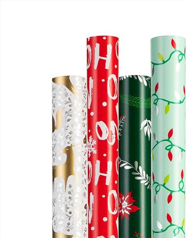 Christmas Wrapping Paper (4 Rolls: 93 sq. ft. ttl) Reindeer, Christmas Pine Tree Leaf, Snowflakes, Rabbit Squirrel Bird Fox - 17 inches x 16.5 feet Per Roll - Holiday Elements Collection for Gifts in Saudi Arabia