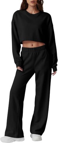 QINSEN Womens Crewneck Open Back Long Sleeve Crop Sweatsuit Elastic Waist Long Pants 2PCS Outfit Sets Loungewear in Kuwait