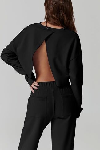 QINSEN Womens Crewneck Open Back Long Sleeve Crop Sweatsuit Elastic Waist Long Pants 2PCS Outfit Sets Loungewear in Kuwait