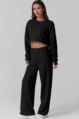 QINSEN Womens Crewneck Open Back Long Sleeve Crop Sweatsuit Elastic Waist Long Pants 2PCS Outfit Sets Loungewear in Kuwait