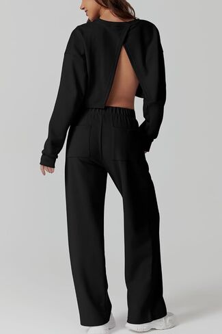 QINSEN Womens Crewneck Open Back Long Sleeve Crop Sweatsuit Elastic Waist Long Pants 2PCS Outfit Sets Loungewear in Kuwait