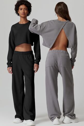QINSEN Womens Crewneck Open Back Long Sleeve Crop Sweatsuit Elastic Waist Long Pants 2PCS Outfit Sets Loungewear in Kuwait