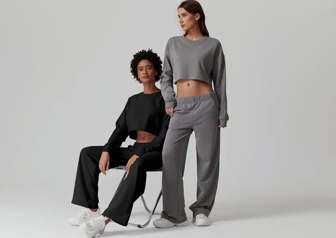 QINSEN Womens Crewneck Open Back Long Sleeve Crop Sweatsuit Elastic Waist Long Pants 2PCS Outfit Sets Loungewear in Kuwait