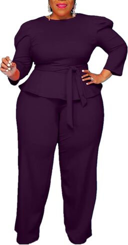 Plus Size 2 Piece Wide Leg Pants Set for Women Casual Long Sleeve Shirt Long Pant Sets Sexy With Belt in Kuwait