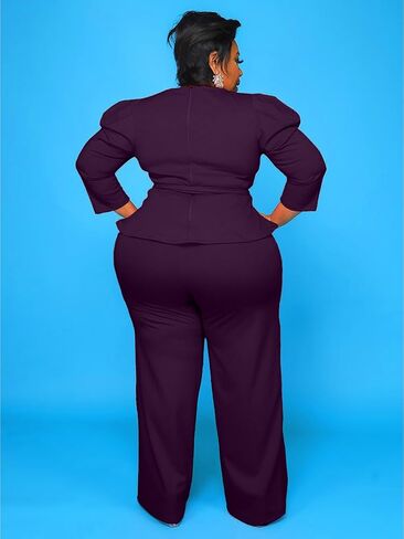 Plus Size 2 Piece Wide Leg Pants Set for Women Casual Long Sleeve Shirt Long Pant Sets Sexy With Belt in Kuwait