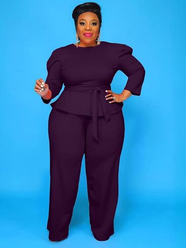 Plus Size 2 Piece Wide Leg Pants Set for Women Casual Long Sleeve Shirt Long Pant Sets Sexy With Belt in Kuwait