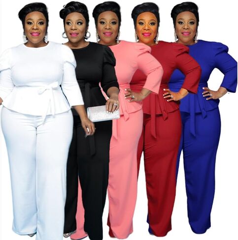 Plus Size 2 Piece Wide Leg Pants Set for Women Casual Long Sleeve Shirt Long Pant Sets Sexy With Belt in Kuwait