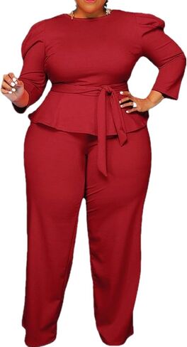 Plus Size 2 Piece Wide Leg Pants Set for Women Casual Long Sleeve Shirt Long Pant Sets Sexy With Belt in Kuwait