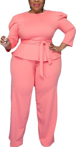 Plus Size 2 Piece Wide Leg Pants Set for Women Casual Long Sleeve Shirt Long Pant Sets Sexy With Belt in Kuwait