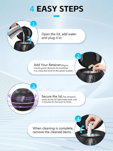Ultrasonic Retainer Cleaner, 44kHz Sonic Cleaning Pod for Dentures, Aligners & Mouth Guards, 180ML, 3 Timer Settings, Portable for Dental Appliances & Jewelry in Saudi Arabia