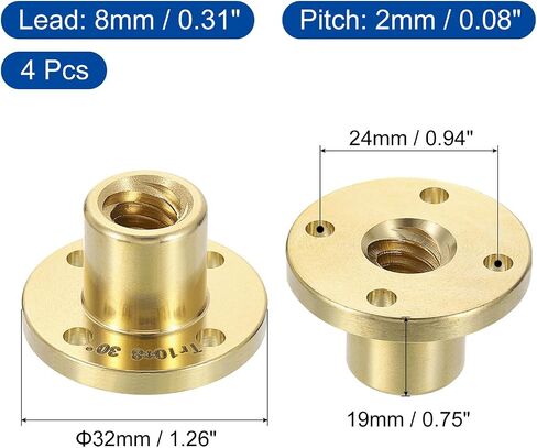 uxcell 4 Pcs Tr10x8 Lead Screw Brass Nut, Trapezoidal Nut Linear Screw Acme Thread Screw Replacing Brass Nut (2mm Pitch, 4 Start, 8mm Lead) for 3D Printer Accessories in Saudi Arabia