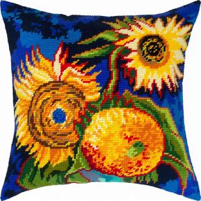 Brvsk Floral Embroidery Kit for Adults and Beginners — Sunflowers by Vincent Van Gogh 16″ × 16″ with Clear, Precise Printed Design on Cotton Canvas; Includes 2 Needles, Yarn, and Easy-Read Chart