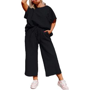 Eytino Womens Plus Size Sweatsuits Casual Short Sleeve Tops High Waist Wide Leg Pants 2 Piece Tracksuit Lounge Sets(1X-5X) in Kuwait