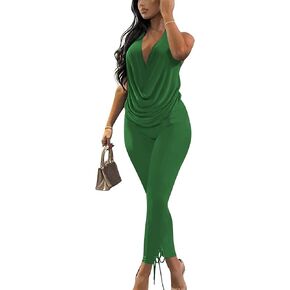 Doweha Women's Sexy Summer Two Piece Outfits Sleeveless Backless Deep V Neck Tank Tops And High Waisted Pants Matching Sets