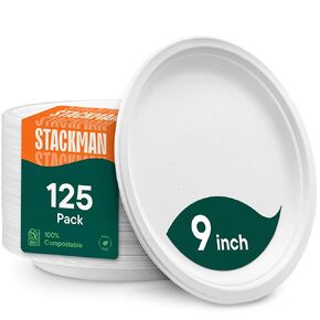 100% Compostable 9 Inch Heavy-Duty [125-Pack] Eco-Friendly Disposable White Bagasse Plate, Made of Natural Sugarcane Fibers - 9" Biodegradable Paper Plates by Stack Man