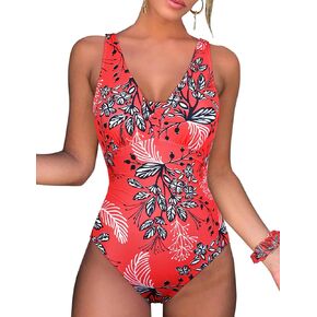 Hilor Women's Underwire One Piece Swimsuits Slimming Tummy Control Bathing Suits V Neck Modest Swimwear