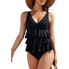 Blooming Jelly Womens One Piece Swimsuit Ruffle Tummy Control Modest Bathing Suit Full Coverage Retro Swim Dress Swimwear