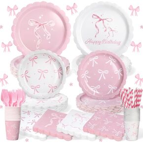 300 Pcs Pink Bow Party Plates, Cups, Napkins and Tableware Sets for Conquette Birthday Decorations, Pink Birthday Party Supplies Include Straws, Pink Birthday Decorations Which Can Serve 50
