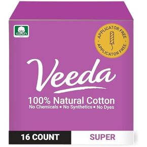 Veeda 100% Natural Cotton Applicator Free Tampons Super Absorbent Comfort Digital Super Tampons Chlorine Toxin and Pesticide free, 16 Count