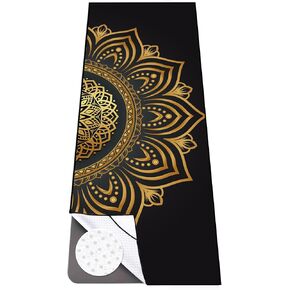 Colorful Star Yoga Mat Towel with Corner Pockets, Non Slip Grip Dots Absorbent Hot Yoga Towels, Yoga Blankets with Travel Bag, Mat Cover for Workout, Gym, Fitness - 74"x26", Turquoise Gold Mandala