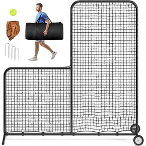 Baseball L Screen with Wheels for Batting Cage, 7x7ft Pitcher Protector Net for Pitchers Protection, Includes Pitchers Glove,Training Ball, Portable Carry Bag