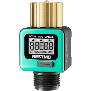 RESTMO Water Flow Meter with Brass Inlet Metal Thread, Measure Gallon/Liter Consumption and Flow Rate for Outdoor Garden Hose Watering, RV Water Tank Filling, Lawn Sprinkler and Nozzle Sprayer