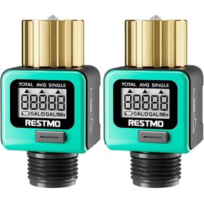 [2 Pack] RESTMO Heavy Duty Water Flow Meter, Pure Brass Inlet | Metal Thread | 4 Measure Modes | Display Gallon/Liter Usage and Flow Rate | Ideal to Track Outdoor Garden Hose Watering