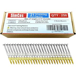 Framing Nails 304 Stainless Steel 21° Full Round Head Nail 21 Degree Ring Shank Nail for Pneumatic, Electric 21 degree Framing Nailer (2 inch+3 inch(400 pcs))