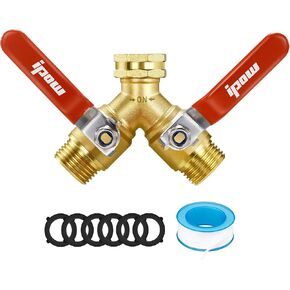 IPOW Upgrade Garden Hose Y Valve Hose Splitter With Stainless Steel Long Handle Brass Hose Splitter 3/4" GHT Thread Y Valve Water Garden Hose Tap Adapter